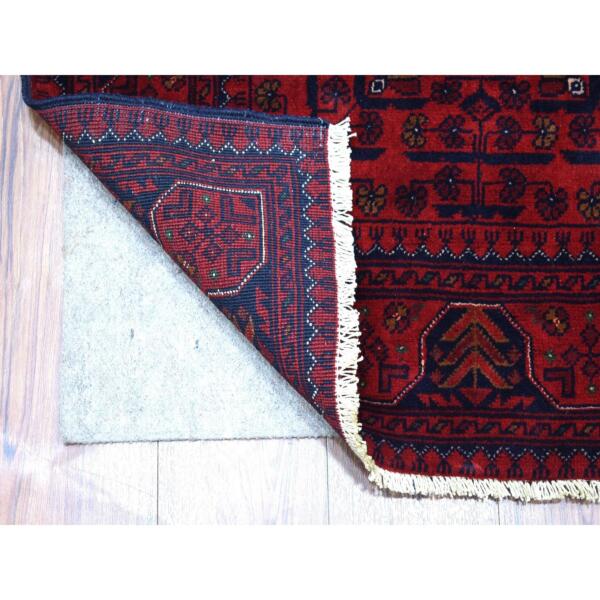 2'8"x4' Deep and Saturated Red Denser Weave with Shiny Wool Hand Knotted Geometric Design Afghan Khamyab Oriental Rug  - 67977 - Image 3