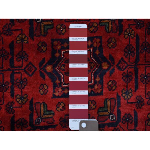 2'8"x4' Deep and Saturated Red Denser Weave with Shiny Wool Hand Knotted Geometric Design Afghan Khamyab Oriental Rug  - 67977 - Image 4