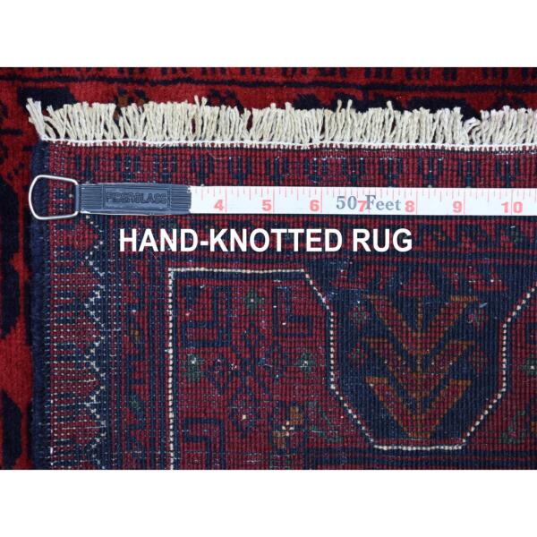 2'8"x4' Deep and Saturated Red Denser Weave with Shiny Wool Hand Knotted Geometric Design Afghan Khamyab Oriental Rug  - 67977 - Image 7