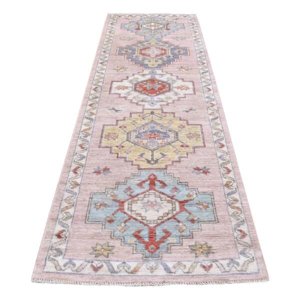 3'4"x10'1" Silvery Pink, Hand Knotted Pure Wool, Anatolian Village Inspired Design with Large Medallions, Runner Oriental Rug  - 68043