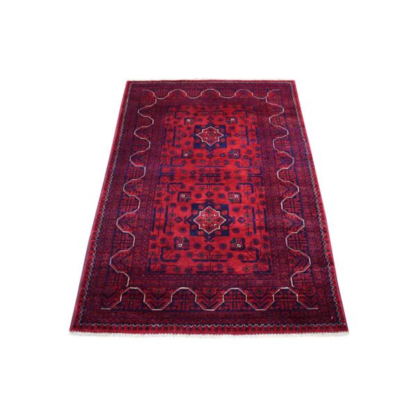 3'3"x4'10" Afghan Khamyab with Double Medallions Design Denser Weave with Shiny Wool Hand Knotted Deep and Saturated Red Oriental Rug  - 68099