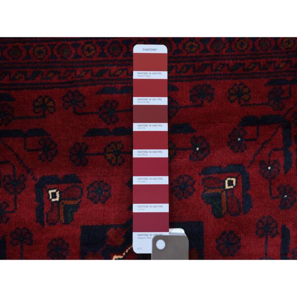 3'3"x4'10" Afghan Khamyab with Double Medallions Design Denser Weave with Shiny Wool Hand Knotted Deep and Saturated Red Oriental Rug  - 68099 - Image 4