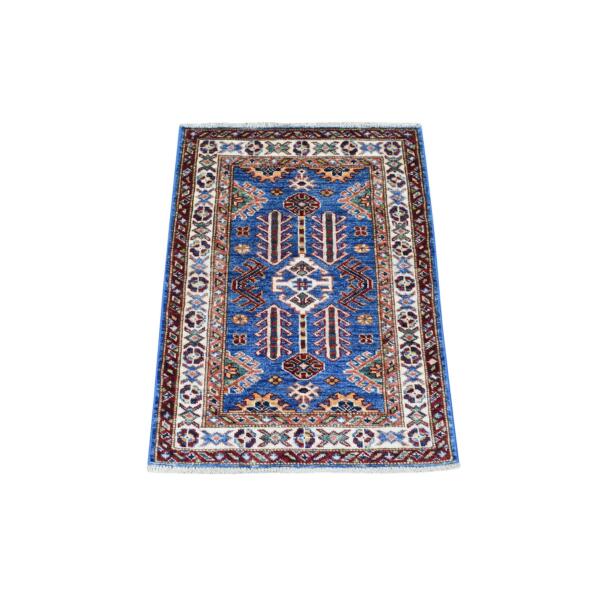 2'x2'10" Denim Blue with Pop of Color Hand Knotted Tribal Design Super Kazak Extra Soft Wool Oriental Mat Rug  - 68101