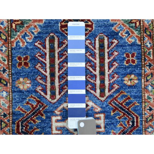 2'x2'10" Denim Blue with Pop of Color Hand Knotted Tribal Design Super Kazak Extra Soft Wool Oriental Mat Rug  - 68101 - Image 4