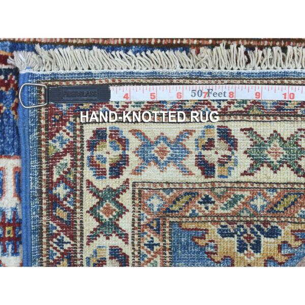 2'x2'10" Denim Blue with Pop of Color Hand Knotted Tribal Design Super Kazak Extra Soft Wool Oriental Mat Rug  - 68101 - Image 7