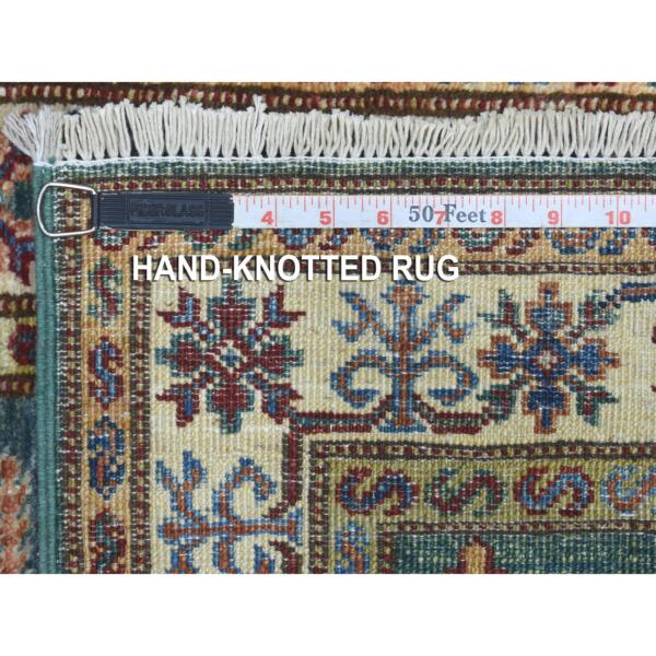 2'x2'10" Dark Green Hand Knotted Super Kazak with Tribal Medallions Design Soft Organic Wool Oriental Mat Rug  - 68105 - Image 7