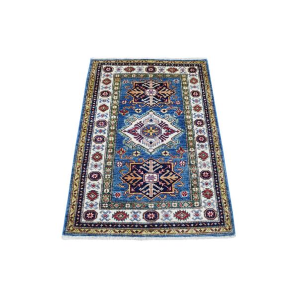 2'7"x3'9" Hand Knotted Super Kazak with Triple Medallions Design Soft Organic Wool Light Blue Oriental Rug  - 68164