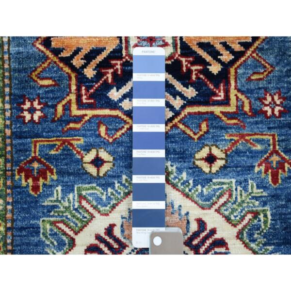 2'7"x3'9" Hand Knotted Super Kazak with Triple Medallions Design Soft Organic Wool Light Blue Oriental Rug  - 68164 - Image 4