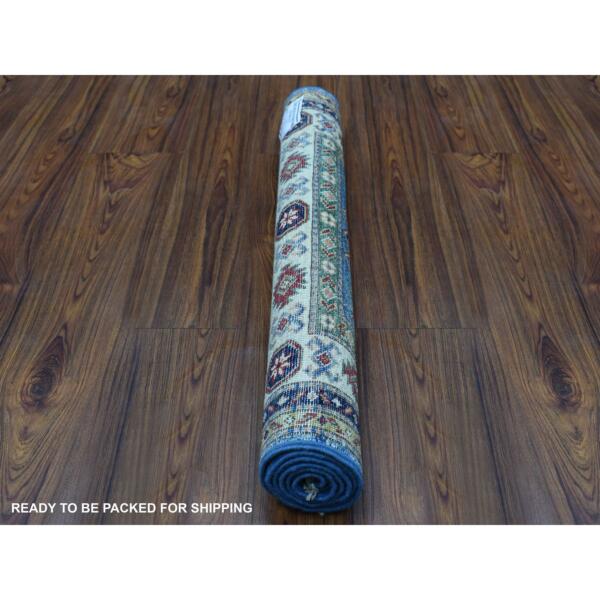 2'7"x3'9" Hand Knotted Super Kazak with Triple Medallions Design Soft Organic Wool Light Blue Oriental Rug  - 68164 - Image 5