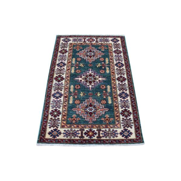 2'6"x4'2" Hand Knotted Super Kazak with Triple Medallions Design Extra Soft Wool Dark Green Oriental Rug  - 68165