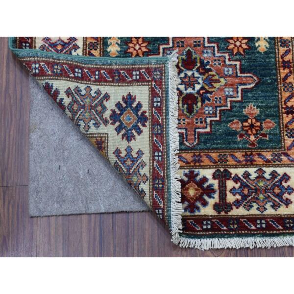 2'6"x4'2" Hand Knotted Super Kazak with Triple Medallions Design Extra Soft Wool Dark Green Oriental Rug  - 68165 - Image 3