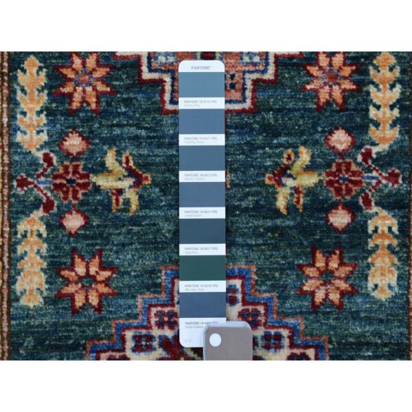 2'6"x4'2" Hand Knotted Super Kazak with Triple Medallions Design Extra Soft Wool Dark Green Oriental Rug  - 68165 - Image 4