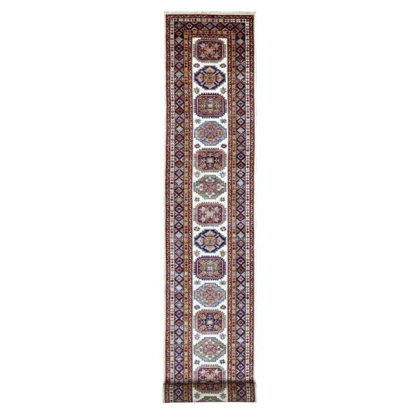 2'9"x22' Hand Knotted Ivory Soft Afghan Wool Super Kazak with Tribal Medallions Design Oriental XL Runner Rug  - 68282