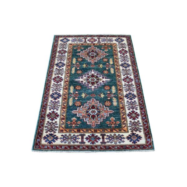 2'7"x4'3" Dark Green Super Kazak with Triple Medallions Design Soft Organic Wool Hand Knotted Oriental Rug  - 68529