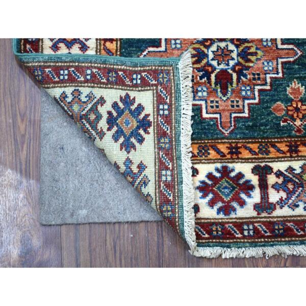 2'7"x4'3" Dark Green Super Kazak with Triple Medallions Design Soft Organic Wool Hand Knotted Oriental Rug  - 68529 - Image 3