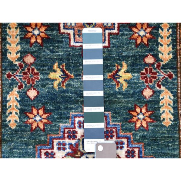 2'7"x4'3" Dark Green Super Kazak with Triple Medallions Design Soft Organic Wool Hand Knotted Oriental Rug  - 68529 - Image 4