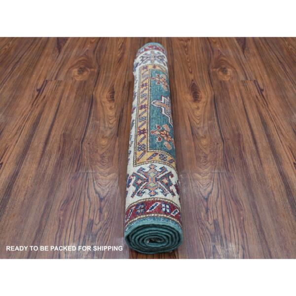 2'7"x4'3" Dark Green Super Kazak with Triple Medallions Design Soft Organic Wool Hand Knotted Oriental Rug  - 68529 - Image 5