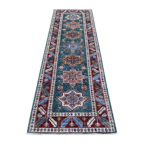 2'8"x8'8" Green Super Kazak with Star Medallions and Serrated Leaf Border Hand Knotted Natural Wool Oriental Runner Rug  - 68627