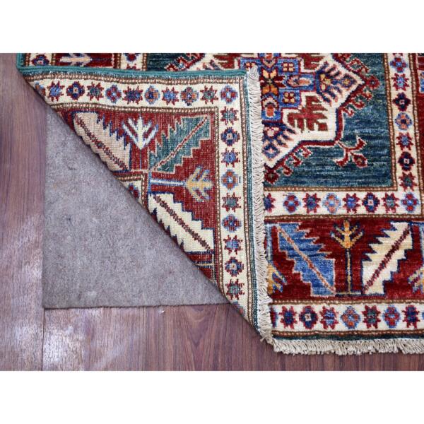 2'8"x8'8" Green Super Kazak with Star Medallions and Serrated Leaf Border Hand Knotted Natural Wool Oriental Runner Rug  - 68627 - Image 3