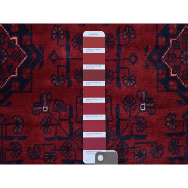 4'2"x6'7" Deep and Saturated Red Hand Knotted Vegetable Dyes Afghan Khamyab Denser Weave with Shiny Wool Oriental Rug  - 68650 - Image 4