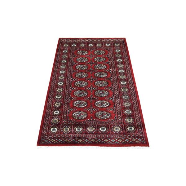 3'x5' Pure Wool Hand Knotted Mori Bokara with Geometric Medallions Design Deep Red Oriental Rug  - 69221