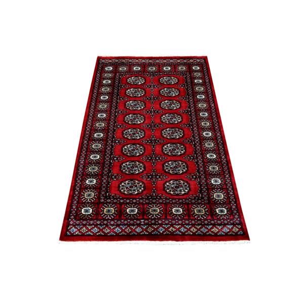 3'x5'1" Mori Bokara with Geometric Medallions Design Deep and Rich Red Organic Wool Hand Knotted Oriental Rug  - 69223