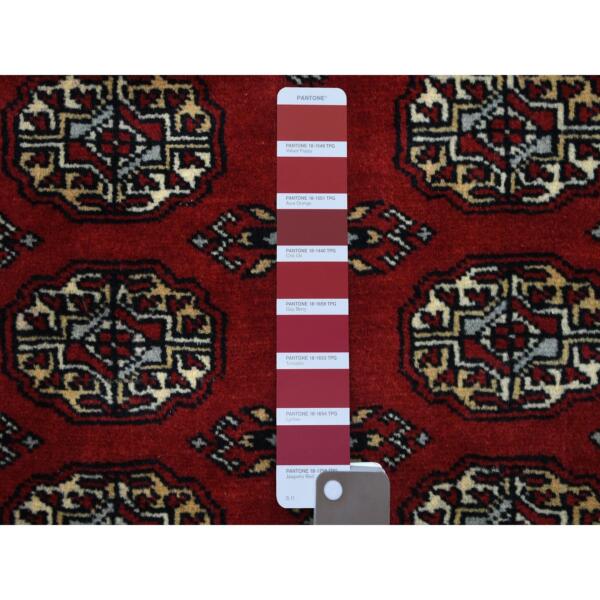 3'x4'9" Rich Red Pure Wool Hand Knotted Mori Bokara with Geometric Medallions Design Oriental Rug  - 69225 - Image 4