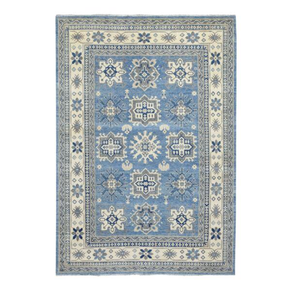 6'3"x8'8" Vintage Look Kazak with Geometric Design Pure Wool Hand Knotted Blue Oriental Rug  - 69272