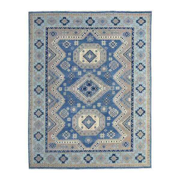 7'10"x10' Hand Knotted Blue Vintage Look Kazak with Medallions Design Soft Wool Oriental Rug  - 69275