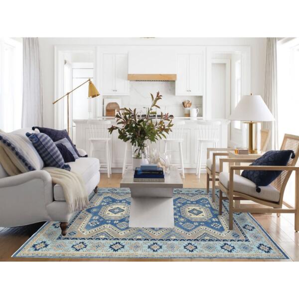 7'10"x10' Hand Knotted Blue Vintage Look Kazak with Medallions Design Soft Wool Oriental Rug  - 69275 - Image 3