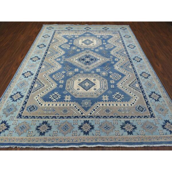 7'10"x10' Hand Knotted Blue Vintage Look Kazak with Medallions Design Soft Wool Oriental Rug  - 69275 - Image 4