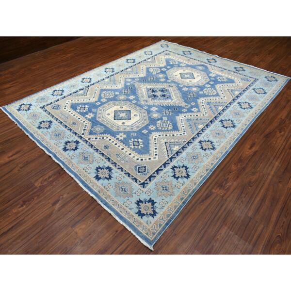 7'10"x10' Hand Knotted Blue Vintage Look Kazak with Medallions Design Soft Wool Oriental Rug  - 69275 - Image 5