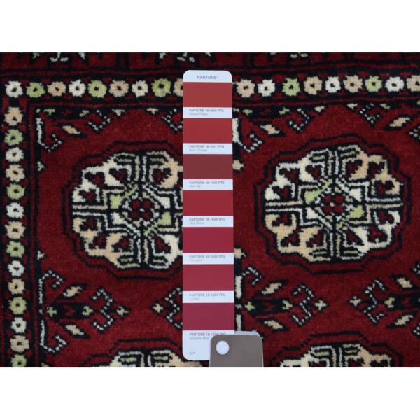 2'6"x4'10" Mori Bokara with Geometric Medallions Design Deep and Rich Red Pure Wool Hand Knotted Oriental Rug  - 69449 - Image 4