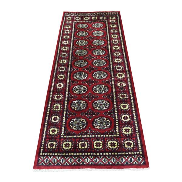 2'7"x7' Organic Wool Hand Knotted Mori Bokara with Geometric Medallions Design Rich Red Oriental Runner Rug  - 69451