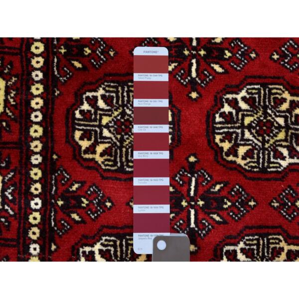 2'7"x7' Organic Wool Hand Knotted Mori Bokara with Geometric Medallions Design Rich Red Oriental Runner Rug  - 69451 - Image 4