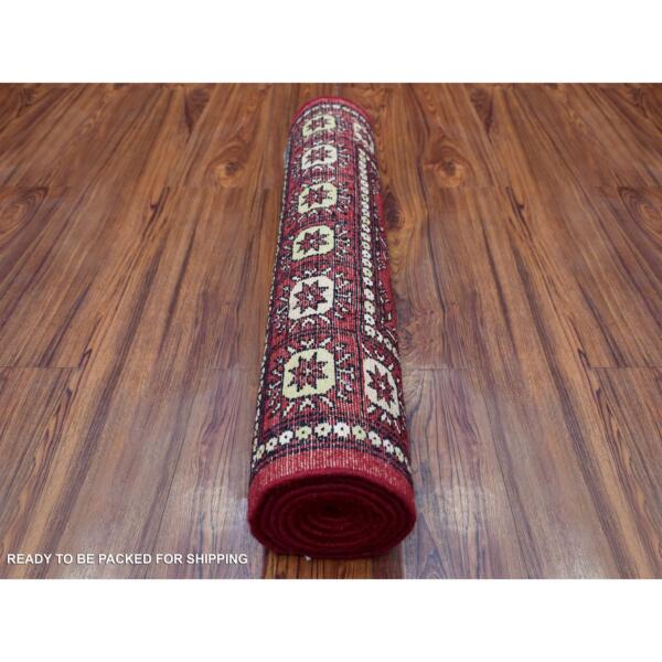 2'7"x7' Organic Wool Hand Knotted Mori Bokara with Geometric Medallions Design Rich Red Oriental Runner Rug  - 69451 - Image 5