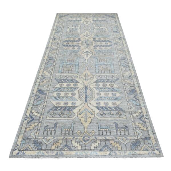 4'1"x9'9" Organic Wool Hand Knotted Gray Anatolian Village Inspired with Large Medallions Design Oriental Wide Runner Rug  - 69503