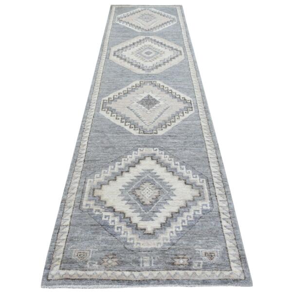 3'1"x12'8" Gray Anatolian Village Inspired with Tribal Medallions Design Extra Soft Wool Hand Knotted Oriental Wide Runner Rug  - 69506