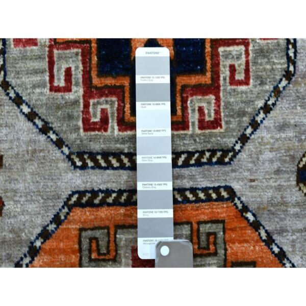 3'x5'10" Afghan Ersari with Elephant Feet Design Afghan Wool Hand Knotted Silver Gray Oriental Wide Runner Rug  - 70353 - Image 4