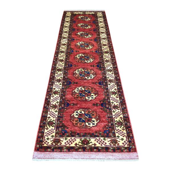 2'9"x10' Coral Red, Hand Knotted, Turkeman Ersari with Elephant Feet Design, Natural Dyes, Densely Woven, Pure Wool, Runner Oriental Rug  - 70617