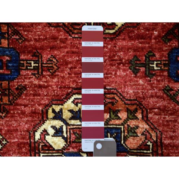 2'9"x10' Coral Red, Hand Knotted, Turkeman Ersari with Elephant Feet Design, Natural Dyes, Densely Woven, Pure Wool, Runner Oriental Rug  - 70617 - Image 4