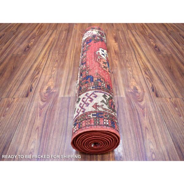 2'9"x10' Coral Red, Hand Knotted, Turkeman Ersari with Elephant Feet Design, Natural Dyes, Densely Woven, Pure Wool, Runner Oriental Rug  - 70617 - Image 5