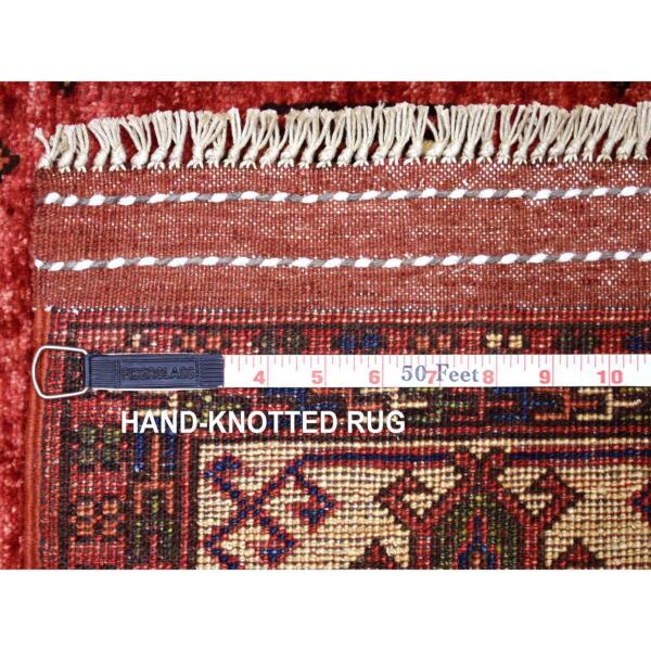 2'9"x10' Coral Red, Hand Knotted, Turkeman Ersari with Elephant Feet Design, Natural Dyes, Densely Woven, Pure Wool, Runner Oriental Rug  - 70617 - Image 7