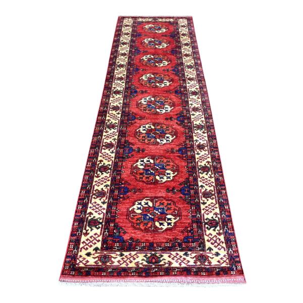 2'8"x9'7" Coral Red, Afghan Ersari with Elephant Feet Design, Natural Dyes, Densely Woven, 100% Wool, Hand Knotted, Runner Oriental Rug  - 70620