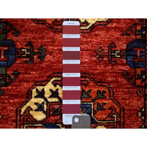 2'8"x9'7" Coral Red, Afghan Ersari with Elephant Feet Design, Natural Dyes, Densely Woven, 100% Wool, Hand Knotted, Runner Oriental Rug  - 70620 - Image 4