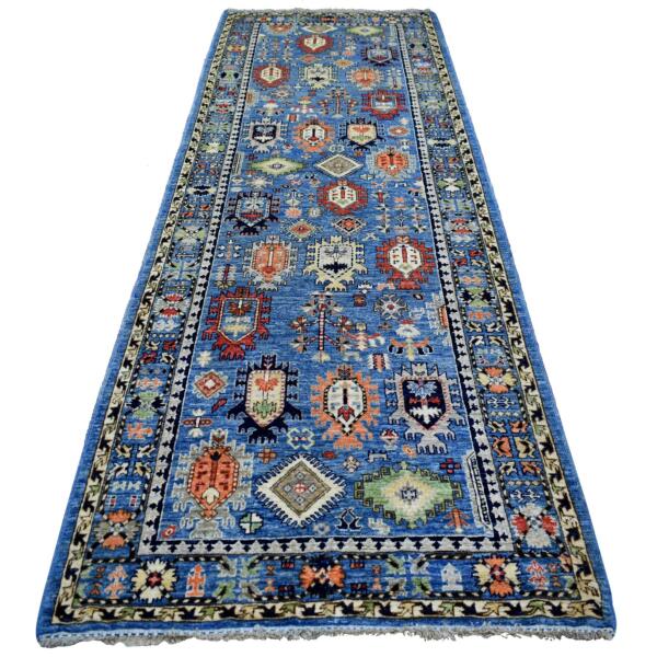 4'4"x11'8" Denim Blue Afghan Ersari with Large Elements Design , Hand Knotted, Natural Dyes Soft and Shiny Wool Wide Runner Oriental Rug  - 70638