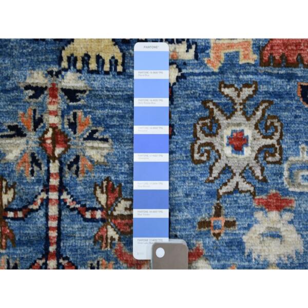 4'4"x11'8" Denim Blue Afghan Ersari with Large Elements Design , Hand Knotted, Natural Dyes Soft and Shiny Wool Wide Runner Oriental Rug  - 70638 - Image 4