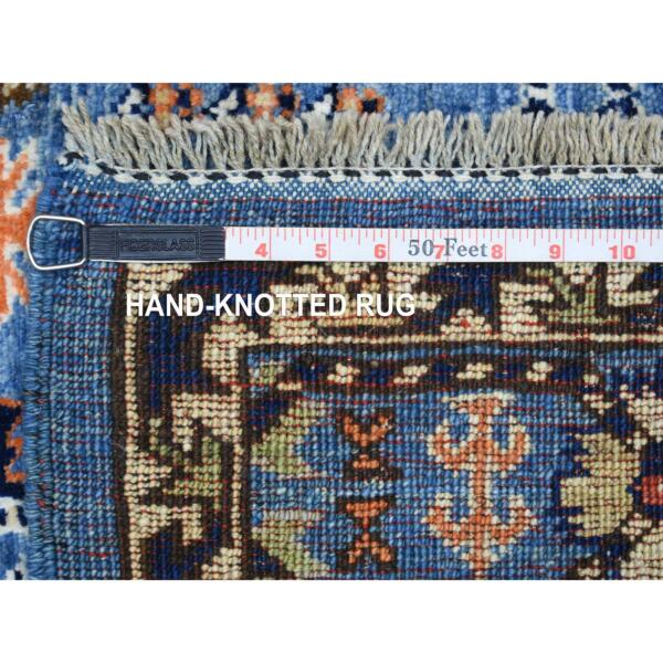 4'4"x11'8" Denim Blue Afghan Ersari with Large Elements Design , Hand Knotted, Natural Dyes Soft and Shiny Wool Wide Runner Oriental Rug  - 70638 - Image 7