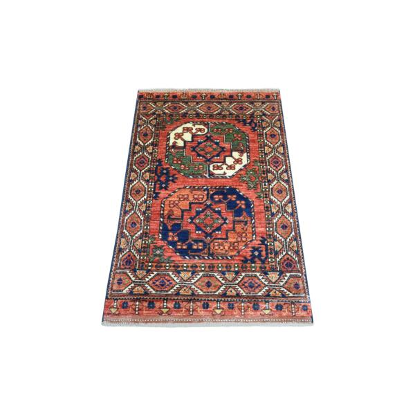 2'8"x4' Coral Red Hand Knotted, Turkeman Ersari with Elephant Feet Design, Natural Dyes Soft and Shiny Wool Oriental Rug  - 70734