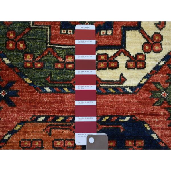 2'8"x4' Coral Red Hand Knotted, Turkeman Ersari with Elephant Feet Design, Natural Dyes Soft and Shiny Wool Oriental Rug  - 70734 - Image 4